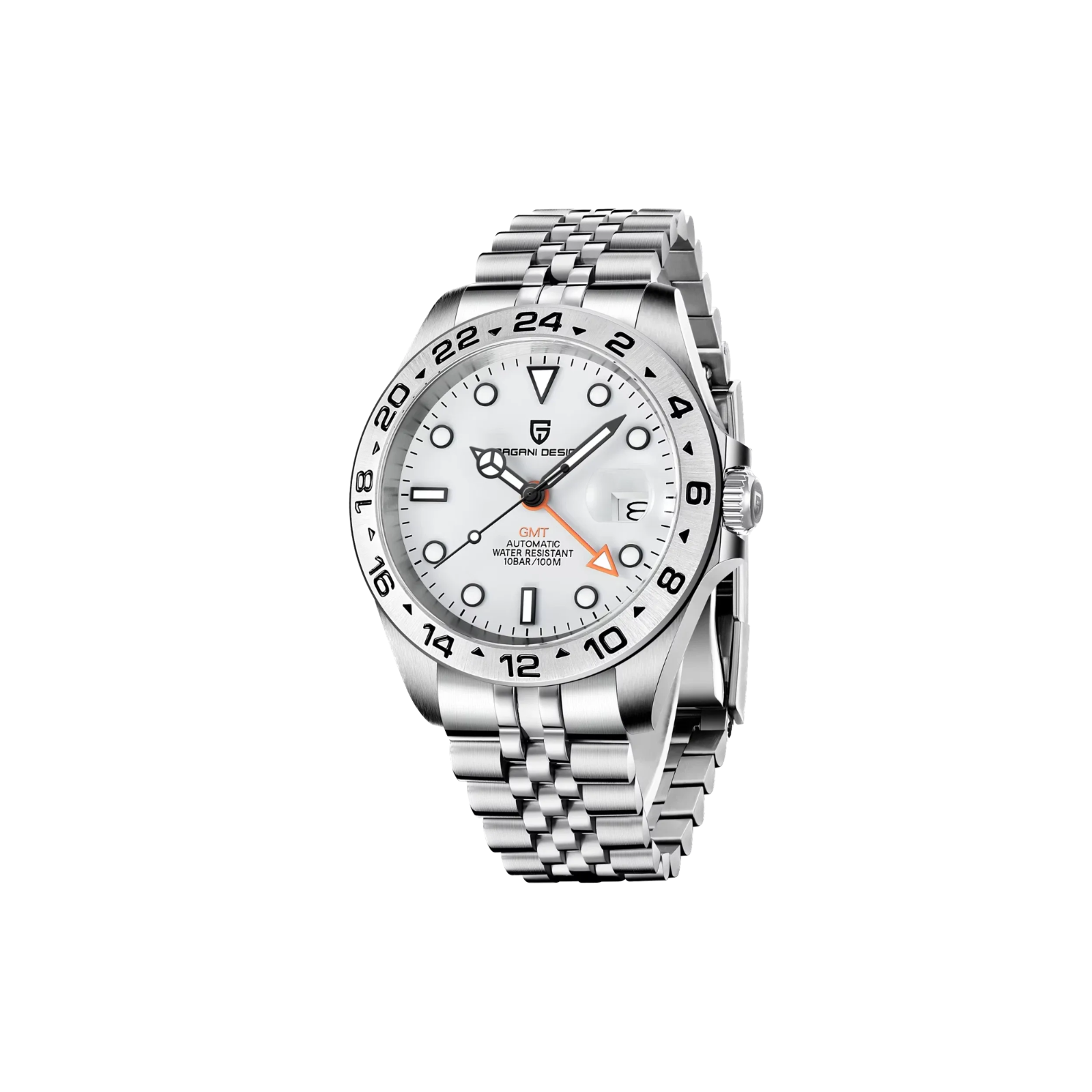 PAGANI DESIGN PD-1682 GMT Explorer II watch with white dial and steel jubilee bracelet front