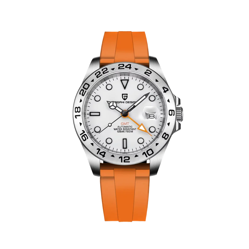 PAGANI DESIGN PD-1682 GMT Explorer II with white dial and orange rubber strap front view