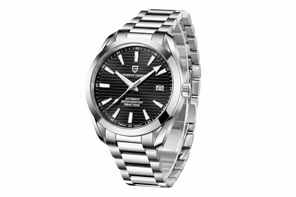 PAGANI DESIGN PD-1688 men's watch with black textured dial and stainless steel bracelet side angled view