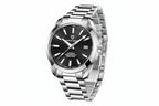 PAGANI DESIGN PD-1688 men's watch with black textured dial and stainless steel bracelet side angled view