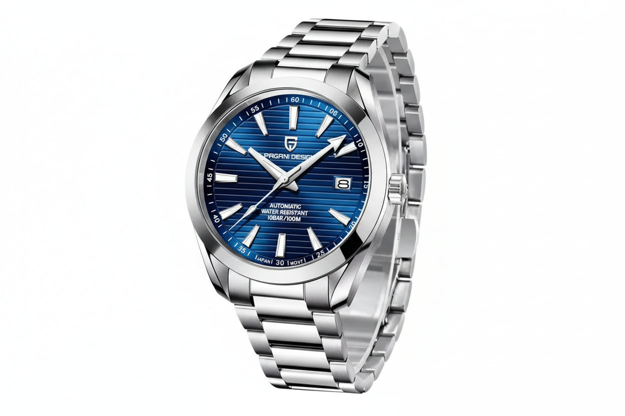 PAGANI DESIGN PD-1688 men's watch with blue textured dial and stainless steel bracelet side angled view