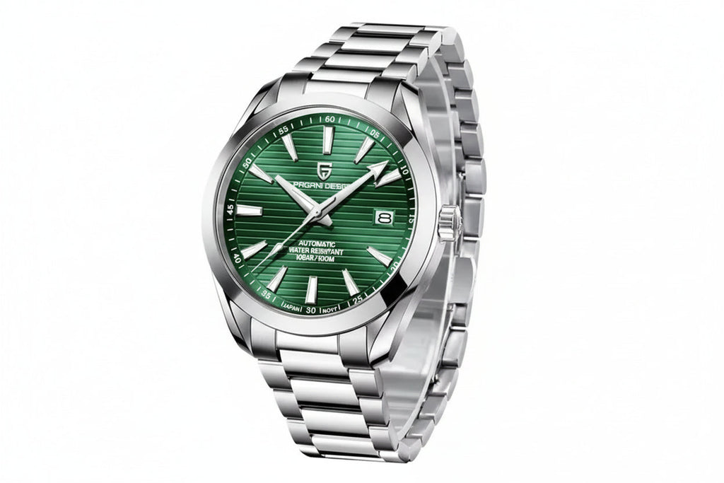 PAGANI DESIGN PD-1688 men's watch with green textured dial and stainless steel bracelet angled front view