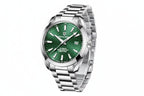 PAGANI DESIGN PD-1688 men's watch with green textured dial and stainless steel bracelet angled front view
