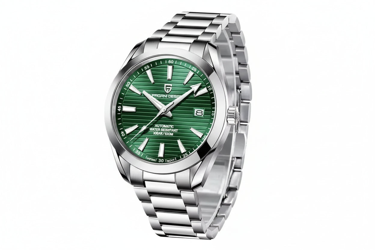 PAGANI DESIGN PD-1688 men's watch with green textured dial and stainless steel bracelet angled front view