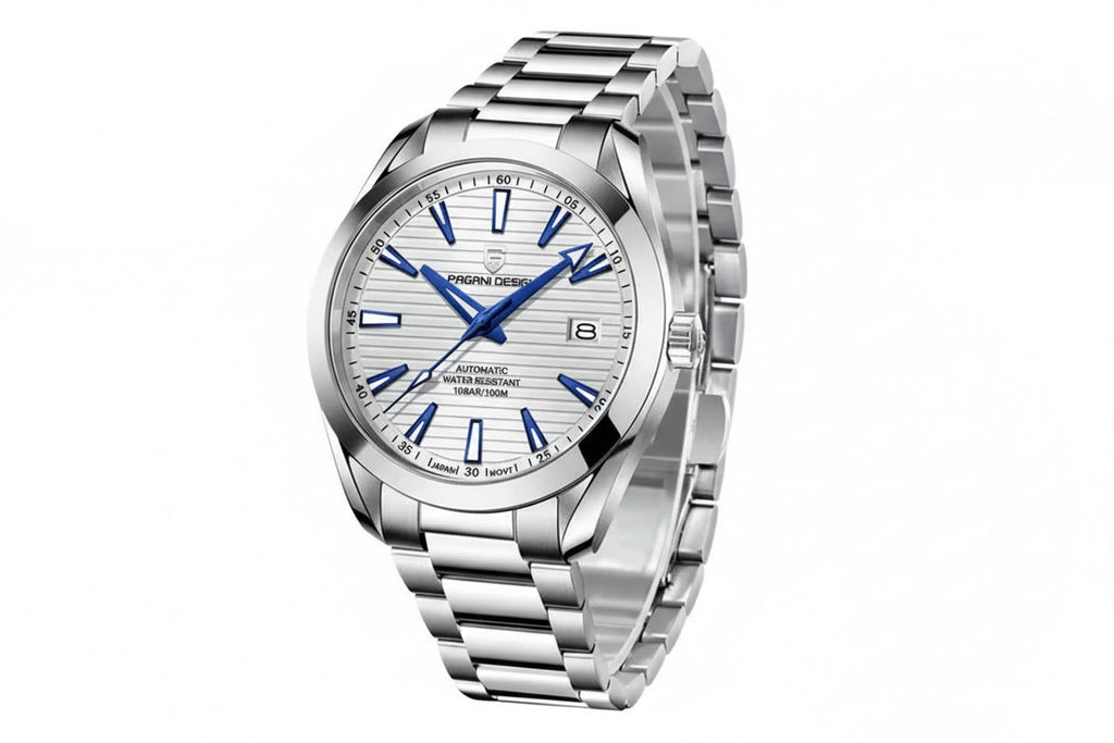 PAGANI DESIGN PD-1688 men's watch with white dial and blue hands stainless steel bracelet side view