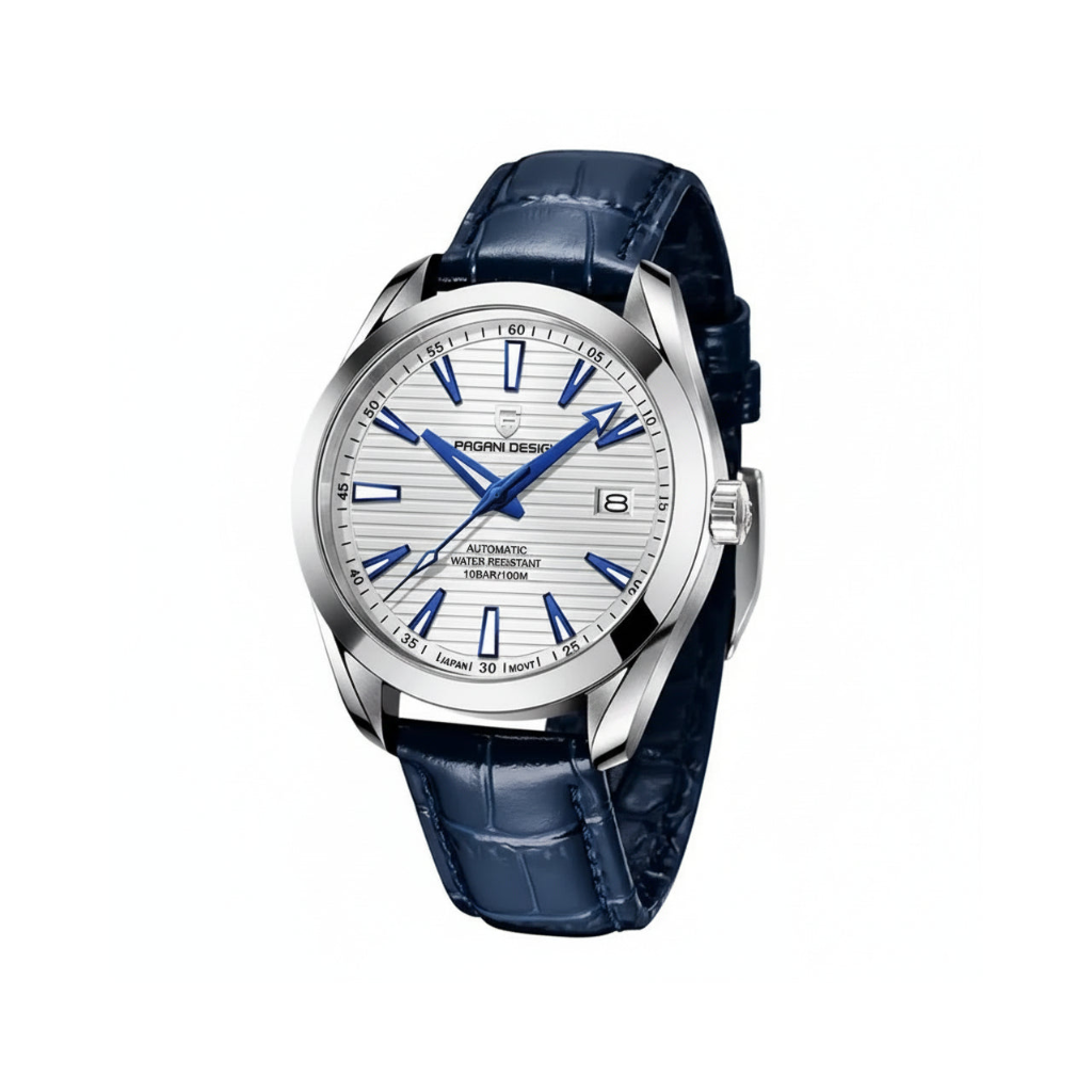 PAGANI DESIGN PD-1688 men's watch with white textured dial and blue leather strap front view