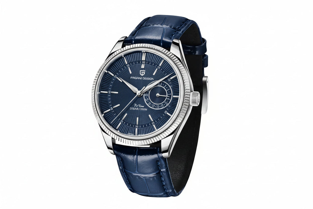 PAGANI DESIGN PD-1689 VH65 men's watch with blue dial fluted bezel and blue leather strap angled front view