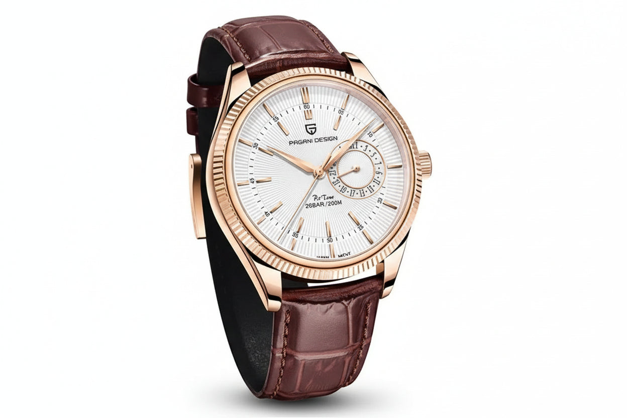 PAGANI DESIGN PD-1689 VH65 men's watch with white dial rose gold case and brown leather strap side view