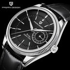 PAGANI DESIGN PD-1689 VH65 men's watch with black dial silver case and black leather strap close detail view