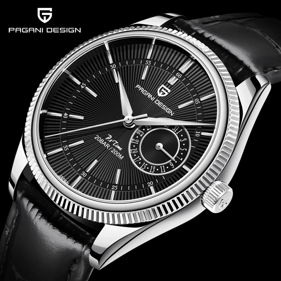 PAGANI DESIGN PD-1689 VH65 men's watch with black dial silver case and black leather strap close detail view