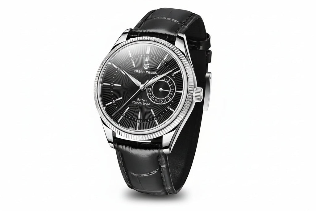 PAGANI DESIGN PD-1689 VH65 men's watch with black dial silver case fluted bezel and black leather strap side view
