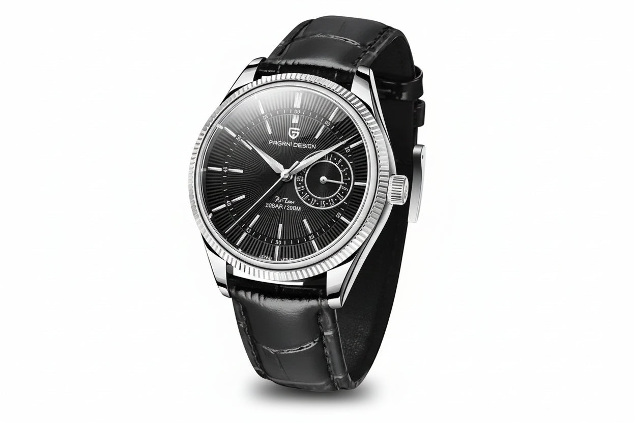 PAGANI DESIGN PD-1689 VH65 men's watch with black dial silver case fluted bezel and black leather strap side view