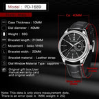 PAGANI DESIGN PD-1689 VH65 men's watch specifications graphic showing 40mm case and Seiko VH65 movement