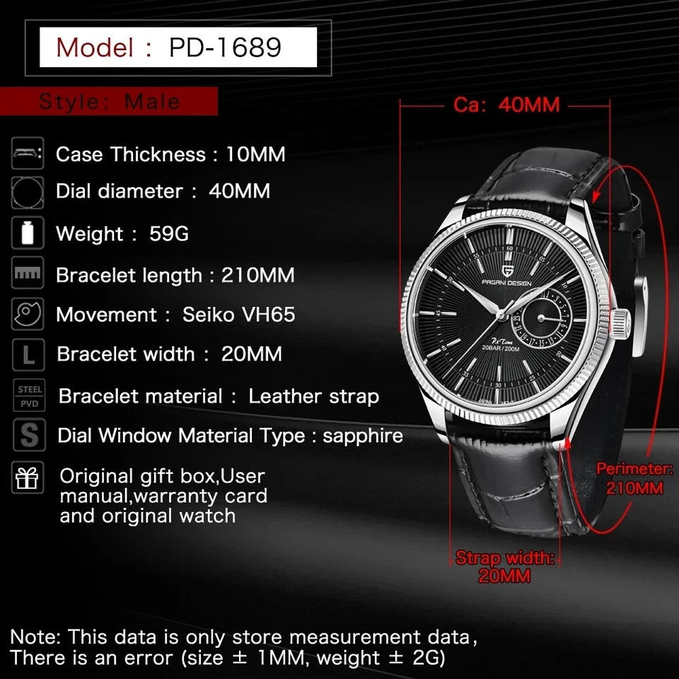 PAGANI DESIGN PD-1689 VH65 men's watch specifications graphic showing 40mm case and Seiko VH65 movement
