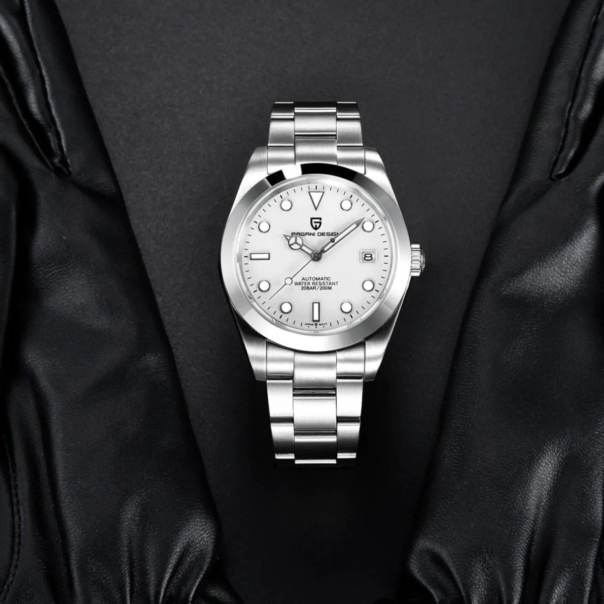 Pagani Design PD-1692 white dial on black leather, contrasting black markers against the steel case