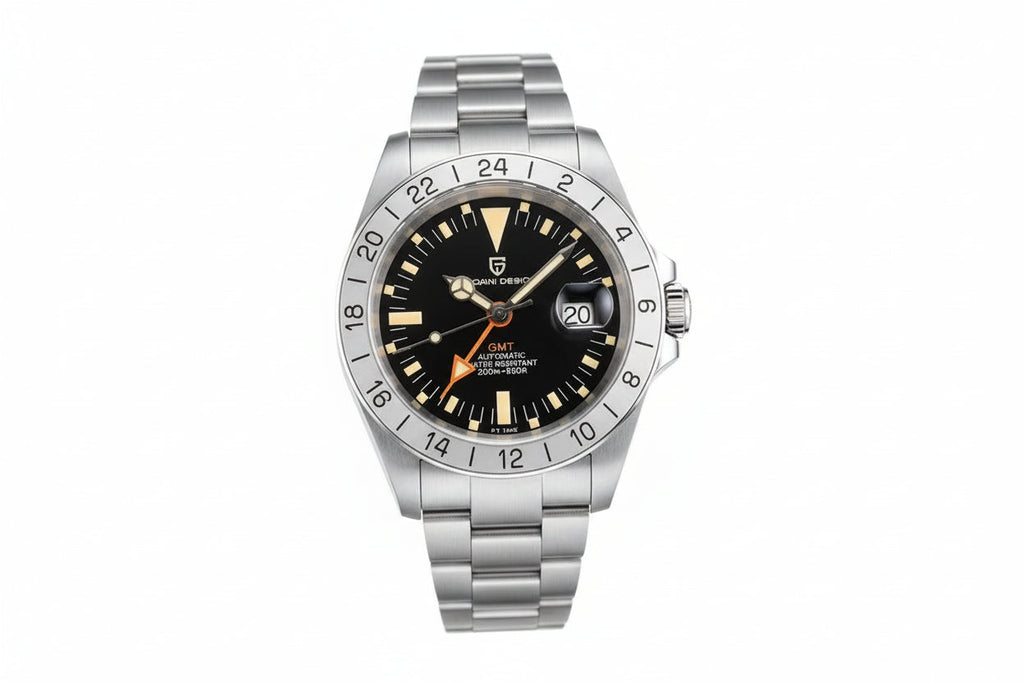 PAGANI DESIGN PD-1693 GMT automatic watch with black dial and orange GMT hand, front view