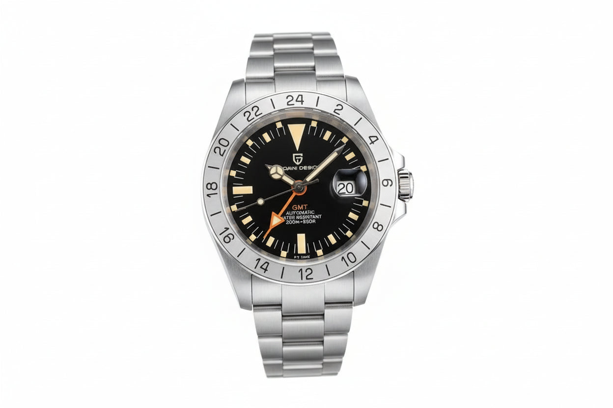 PAGANI DESIGN PD-1693 GMT automatic watch with black dial and orange GMT hand, front view