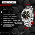 PAGANI DESIGN PD-1693 GMT specifications graphic with case and dial dimensions