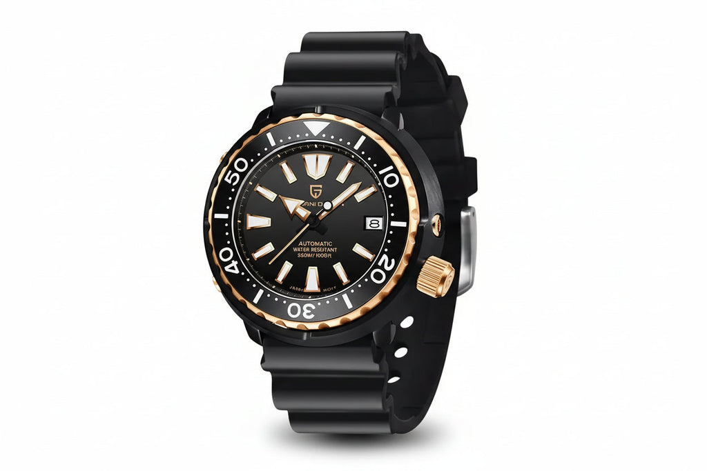 PAGANI DESIGN PD-1695 Tuna diver watch with black dial gold bezel black case and black rubber strap detail