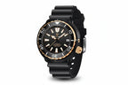 PAGANI DESIGN PD-1695 Tuna diver watch with black dial gold bezel black case and black rubber strap detail