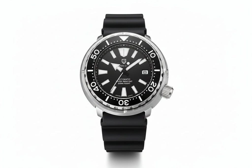 PAGANI DESIGN PD-1695 Tuna diver watch with black dial steel case and black rubber strap front view