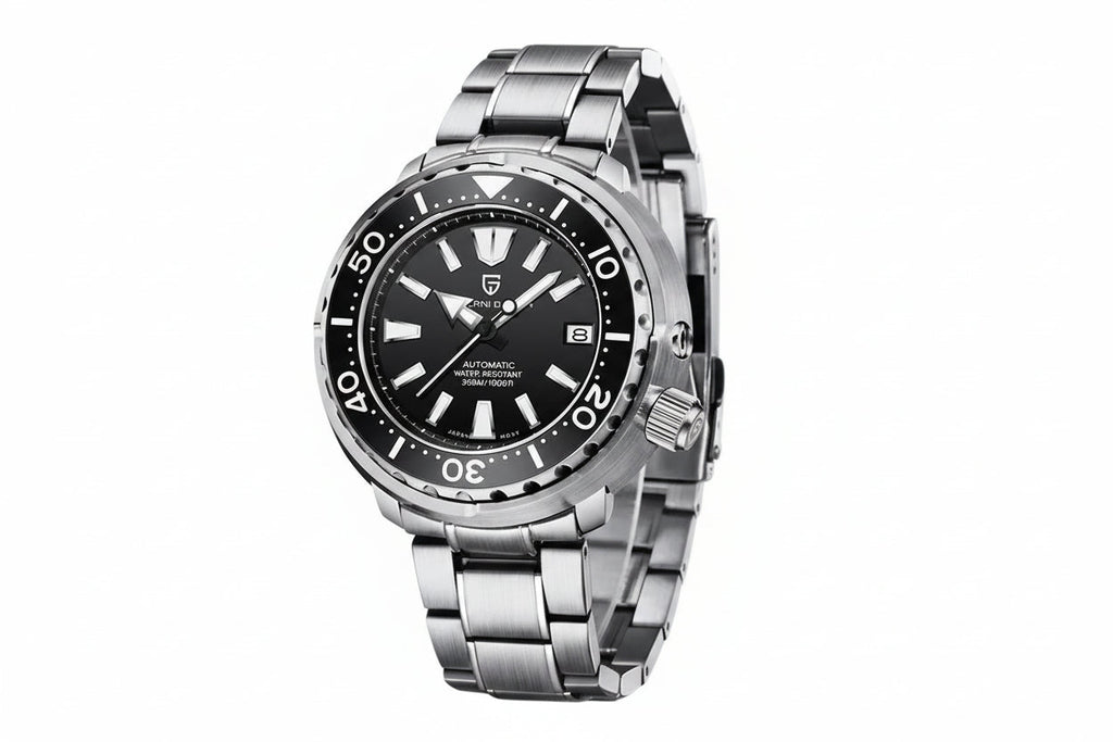 PAGANI DESIGN PD-1695 Tuna diver watch with black dial black bezel and stainless steel bracelet angled front view
