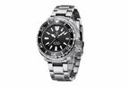 PAGANI DESIGN PD-1695 Tuna diver watch with black dial black bezel and stainless steel bracelet angled front view