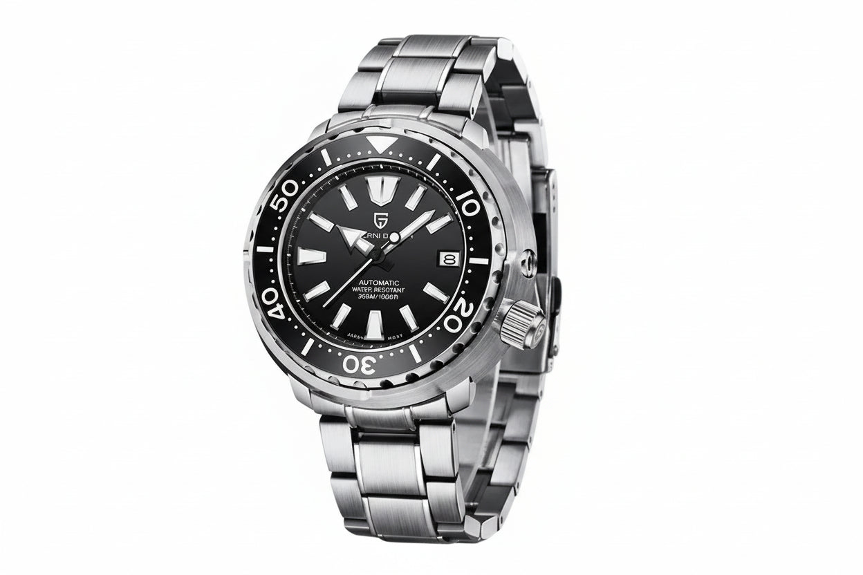PAGANI DESIGN PD-1695 Tuna diver watch with black dial black bezel and stainless steel bracelet angled front view