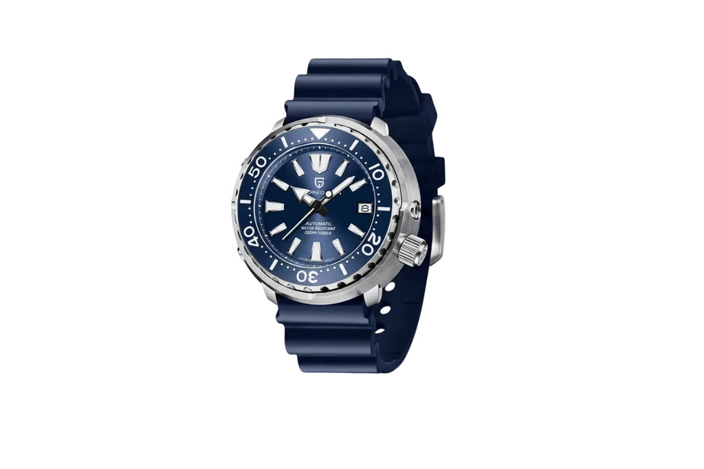PAGANI DESIGN PD-1695 Tuna diver watch with blue dial steel case and blue rubber strap front view