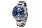 PAGANI DESIGN PD-1695 Tuna diver watch with blue dial blue bezel and stainless steel bracelet angled front view
