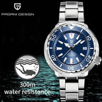 PAGANI DESIGN PD-1695 tuna diver watch feature graphic with blue dial and 300m water resistance