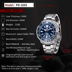 PAGANI DESIGN PD-1695 tuna diver watch specifications graphic with blue dial and Seiko YN55 movement