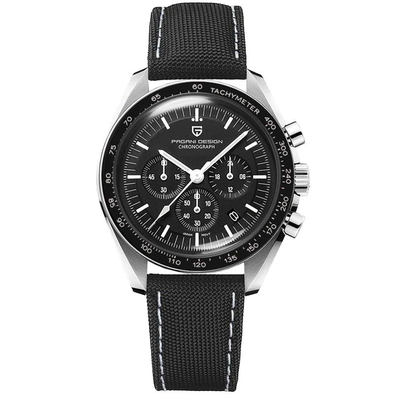Front view of Pagani Design PD-1701 chronograph watch with black dial, black tachymeter bezel, luminous markers, and black fabric strap.