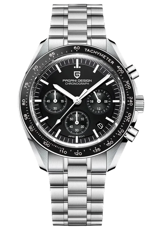 Front view of Pagani Design PD-1701 quartz chronograph watch with a black dial, stainless steel case and bracelet, black tachymeter bezel, chronograph subdials, and luminous hands and hour markers on a transparent background.