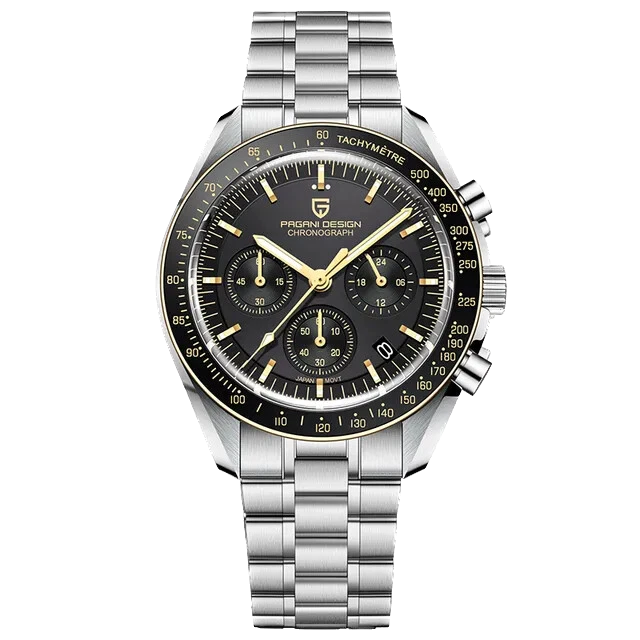 Front view of Pagani Design PD-1701 quartz chronograph watch with a black dial, gold hands and hour markers, gold-accent chronograph subdials, black tachymeter bezel, and two-tone stainless steel and gold case and bracelet on a transparent background.