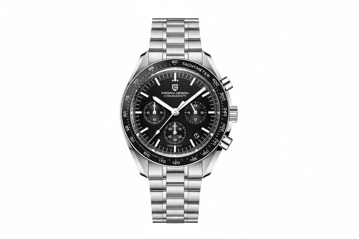 PAGANI DESIGN PD-1701 chronograph with black dial and black canvas strap front view
