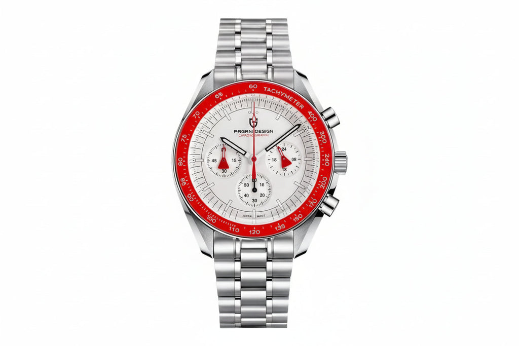 PAGANI DESIGN PD-1701 chronograph with black dial and stainless steel bracelet front view