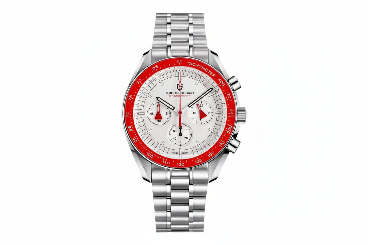 PAGANI DESIGN PD-1701 chronograph with black dial and stainless steel bracelet front view