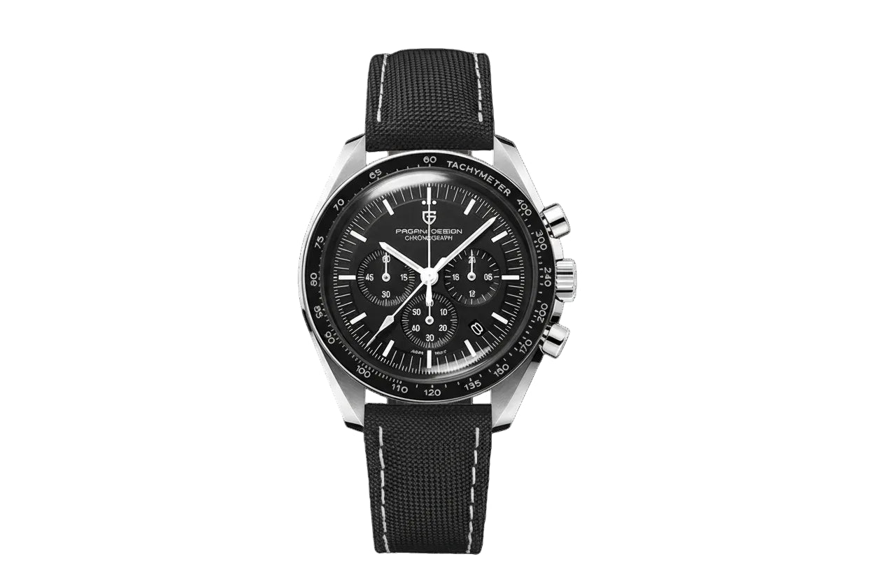 PAGANI DESIGN PD-1701 chronograph with black dial and black canvas leather strap front view