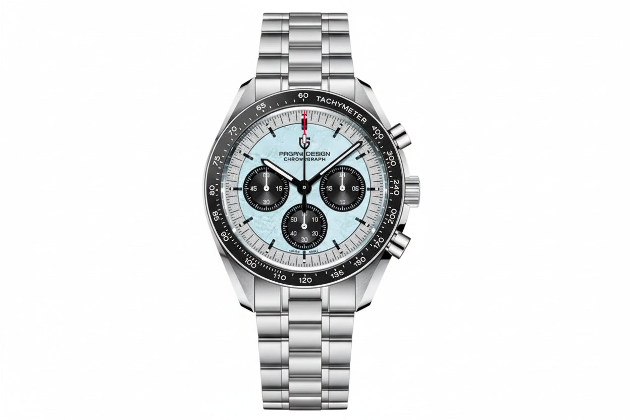 PAGANI DESIGN PD-1701 chronograph with white dial blue bezel and steel bracelet front view