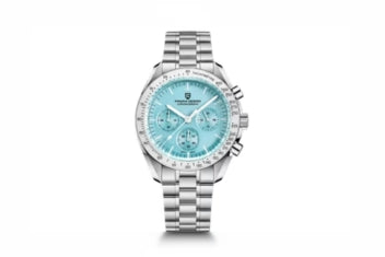 PAGANI DESIGN PD-1701 chronograph watch with light blue dial and steel bracelet, front view