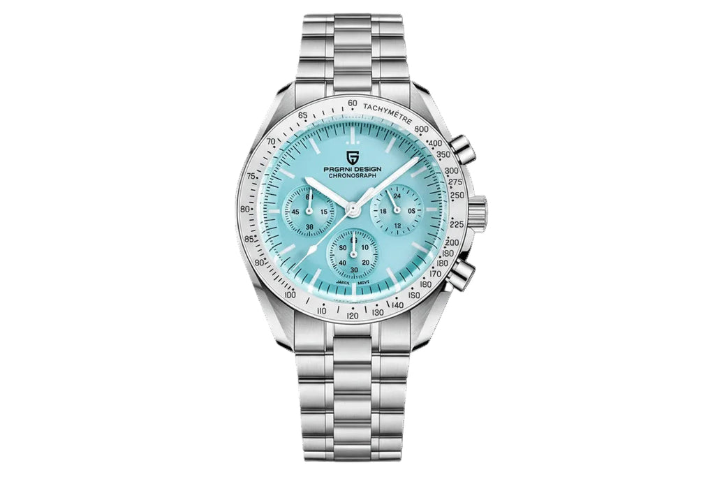 PAGANI DESIGN PD-1701 chronograph with sky blue dial silver tachymeter bezel and steel bracelet