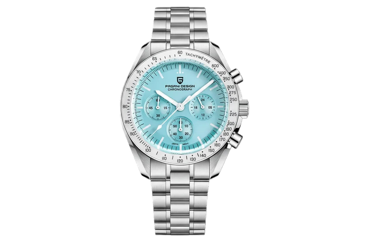 PAGANI DESIGN PD-1701 chronograph with sky blue dial silver tachymeter bezel and steel bracelet
