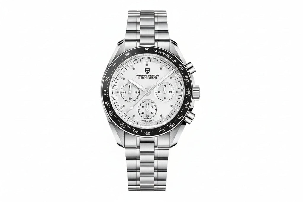 PAGANI DESIGN PD-1701 chronograph with white dial black bezel and steel bracelet front view