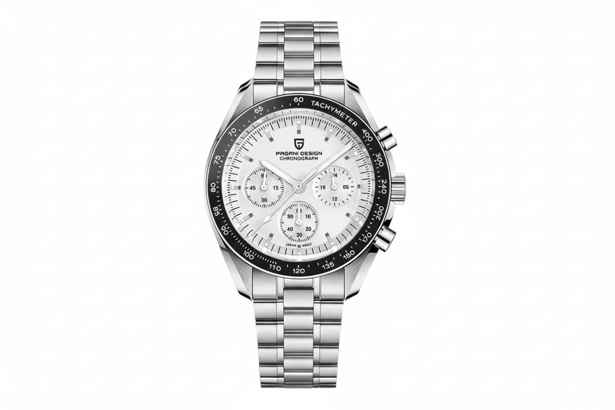PAGANI DESIGN PD-1701 chronograph with white dial black bezel and steel bracelet front view