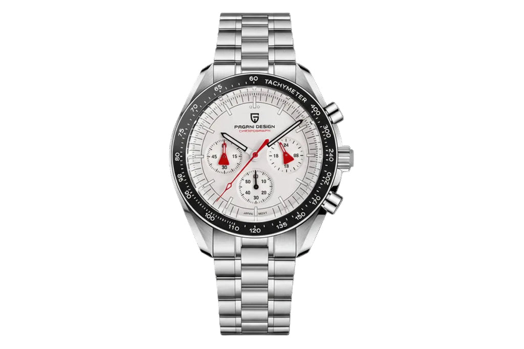 PAGANI DESIGN PD-1701 chronograph with white dial red bezel and steel bracelet front view