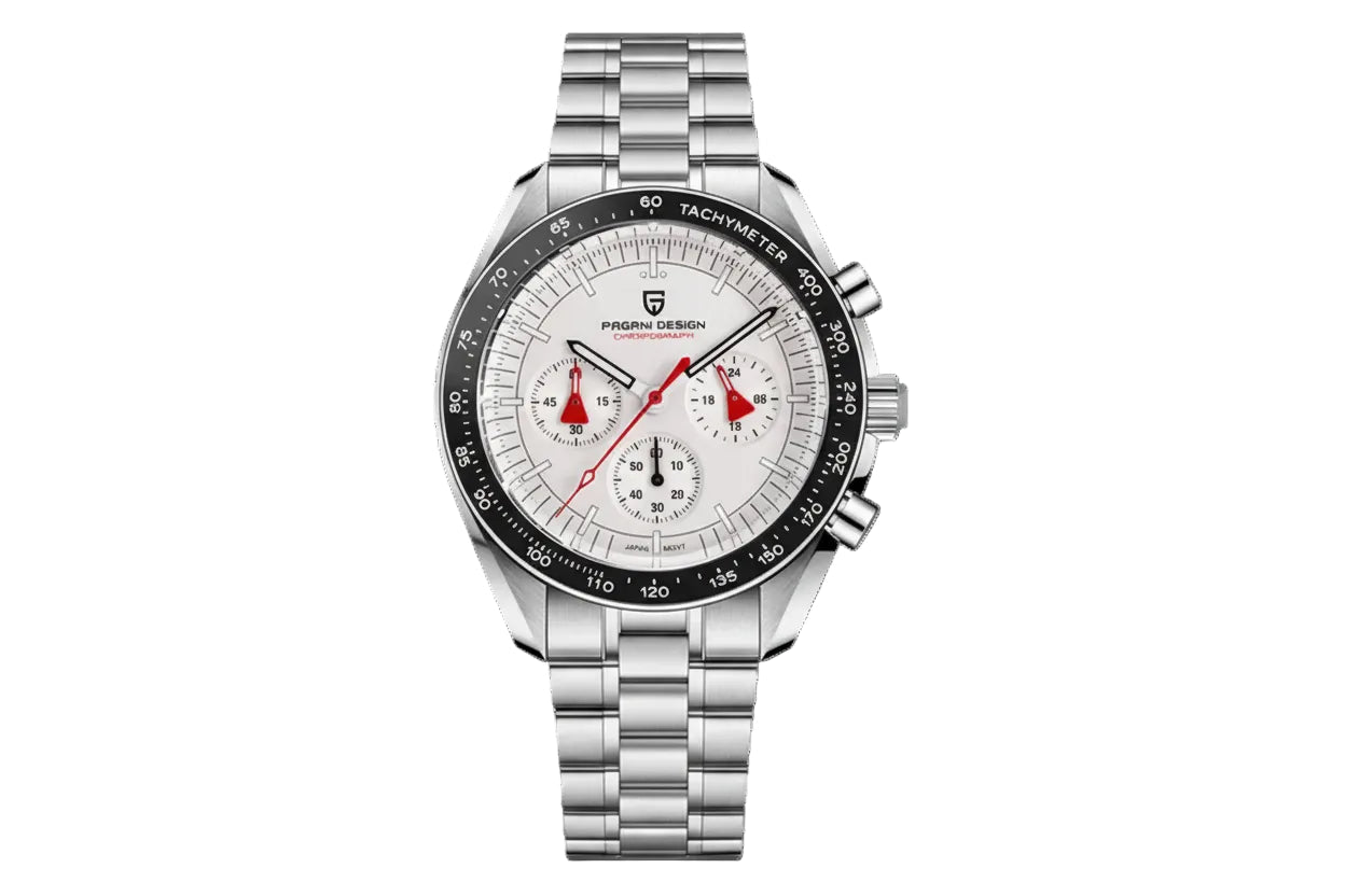 PAGANI DESIGN PD-1701 chronograph with white dial red bezel and steel bracelet front view