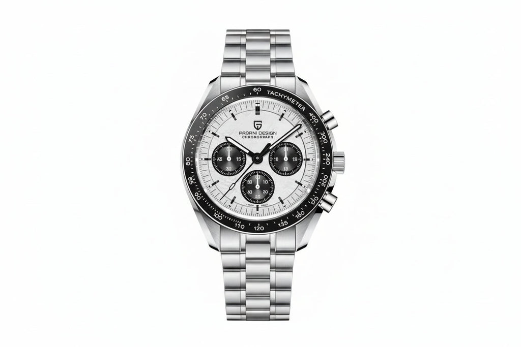 PAGANI DESIGN PD-1701 chronograph with white dial silver bezel and steel bracelet front view