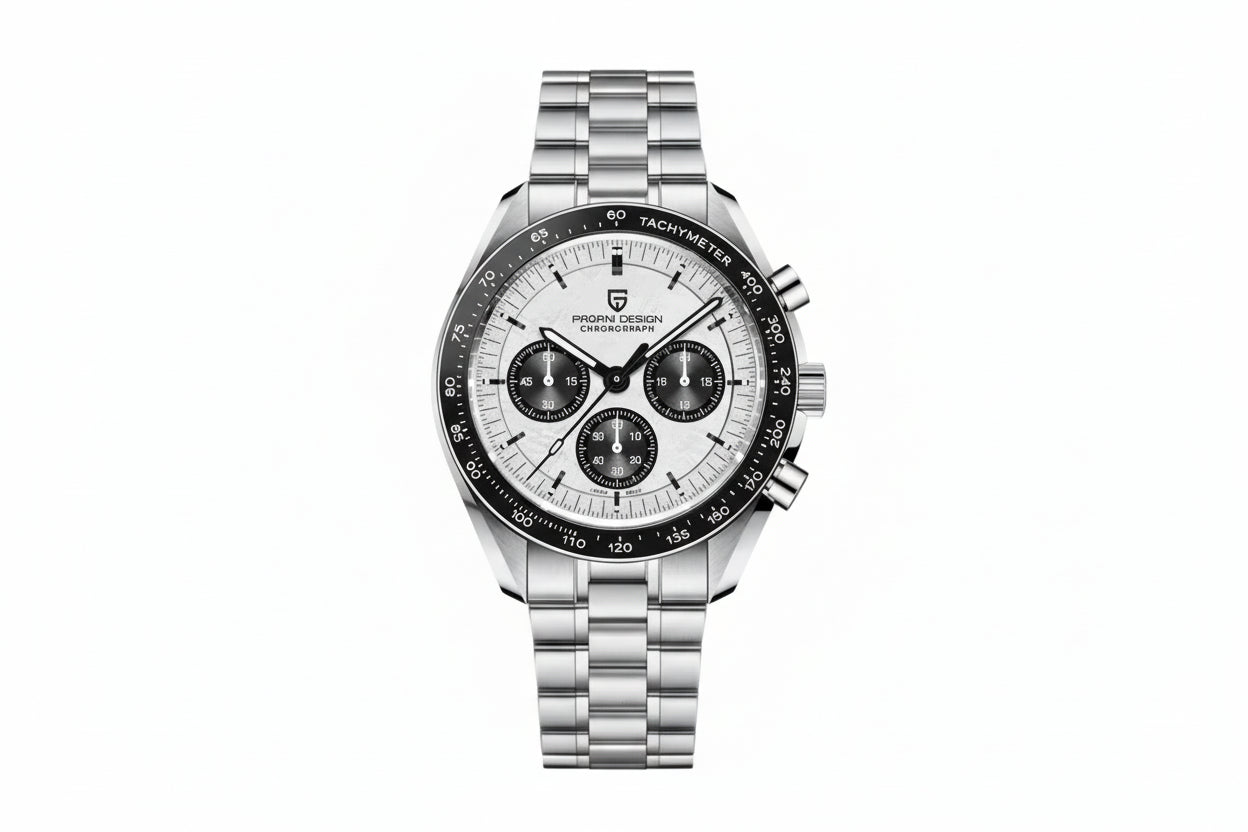 PAGANI DESIGN PD-1701 chronograph with white dial silver bezel and steel bracelet front view