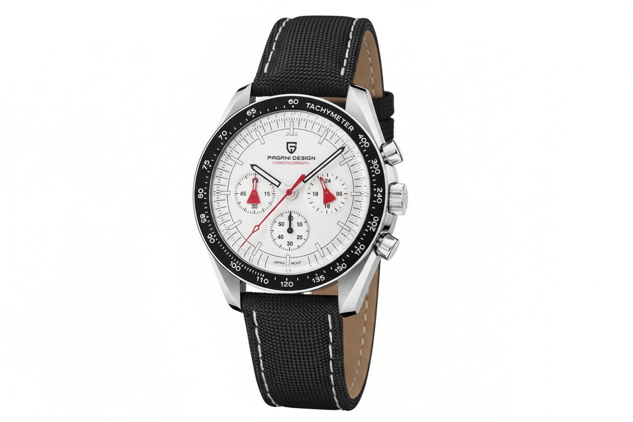 PAGANI DESIGN PD-1701 chronograph with white dial and black leather strap, angled detail view